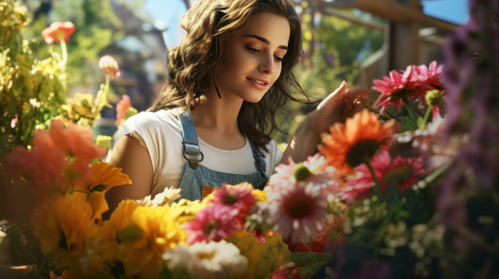 un' gioioso giardiniere tendente per sua fiori nel sua giardinaggio guanti e grembiule foto