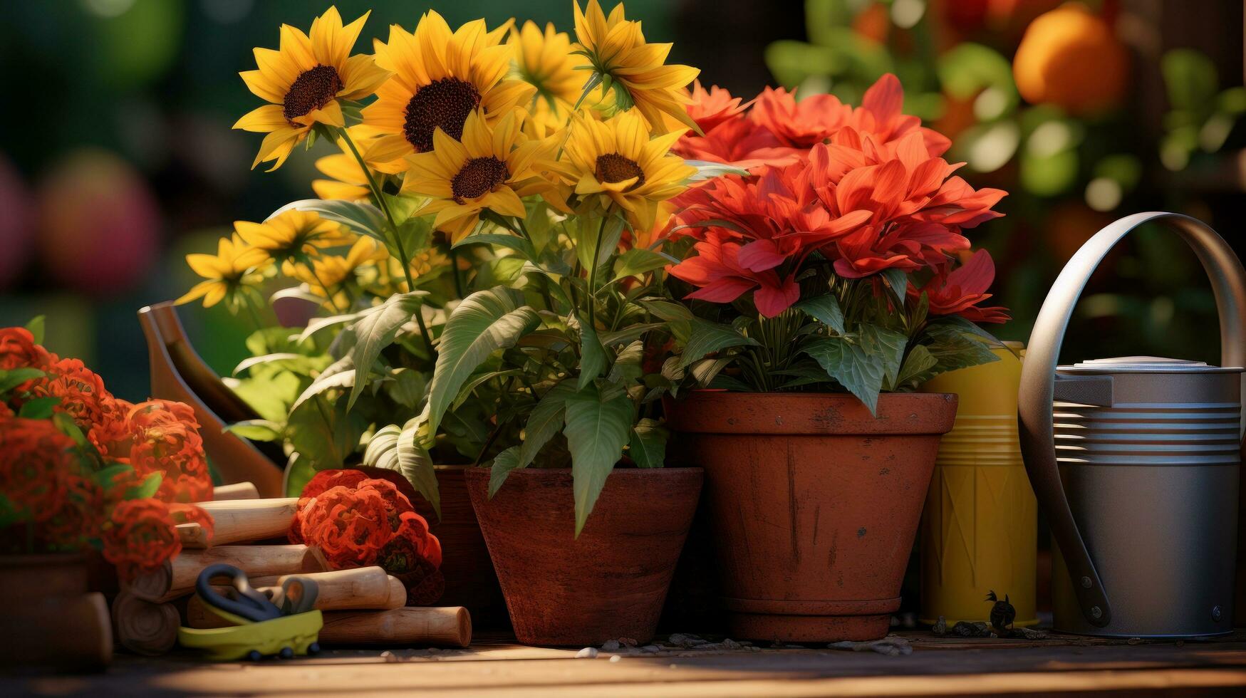 giardinaggio - impostato di utensili per giardiniere e vasi di fiori avvicinamento foto