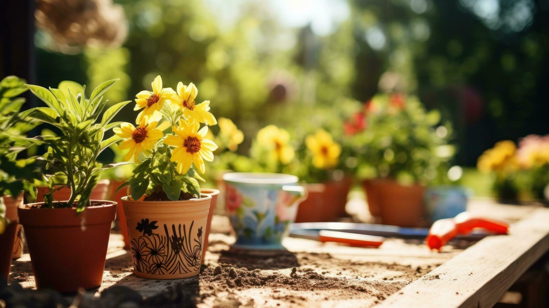 giardinaggio - impostato di utensili per giardiniere e vasi di fiori avvicinamento foto