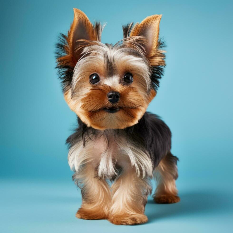 yorkshire terrier con un' elegante e moderno cucciolo tagliare su foto