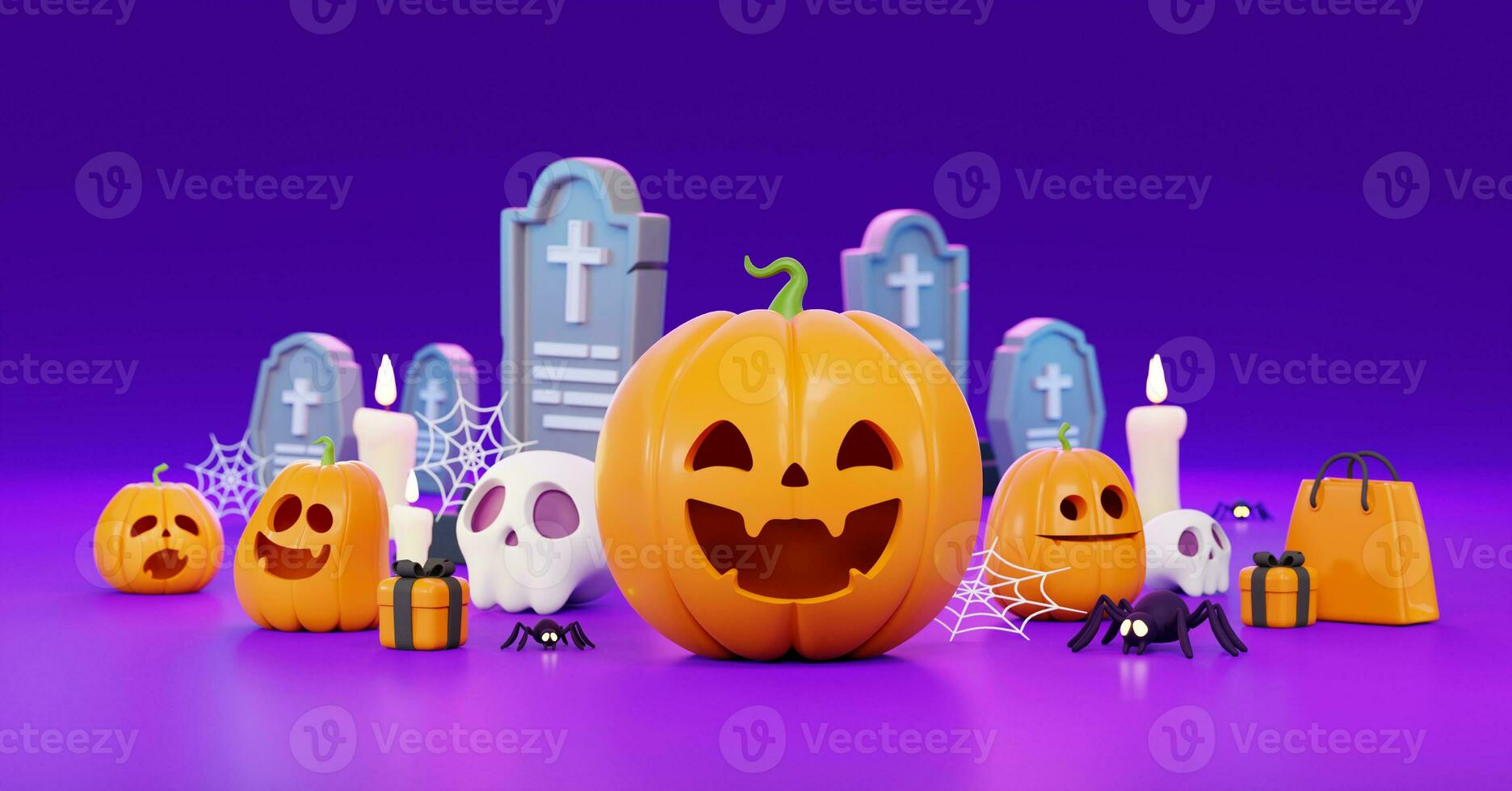 3d Halloween sfondo modello. Halloween design elemento nel 3d e plastica cartone animato stile. Halloween zucca 3d stile per manifesto, striscione, saluto carta foto