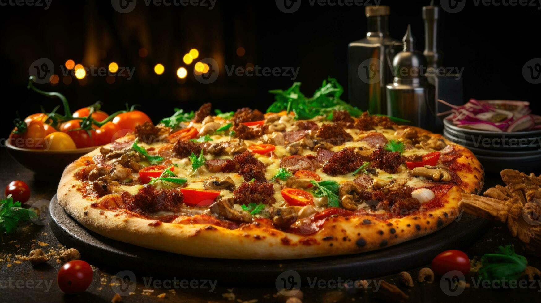 Pizza delicatezza un' saporito e formaggio Pizza con un' carne stravaganza ai generato foto