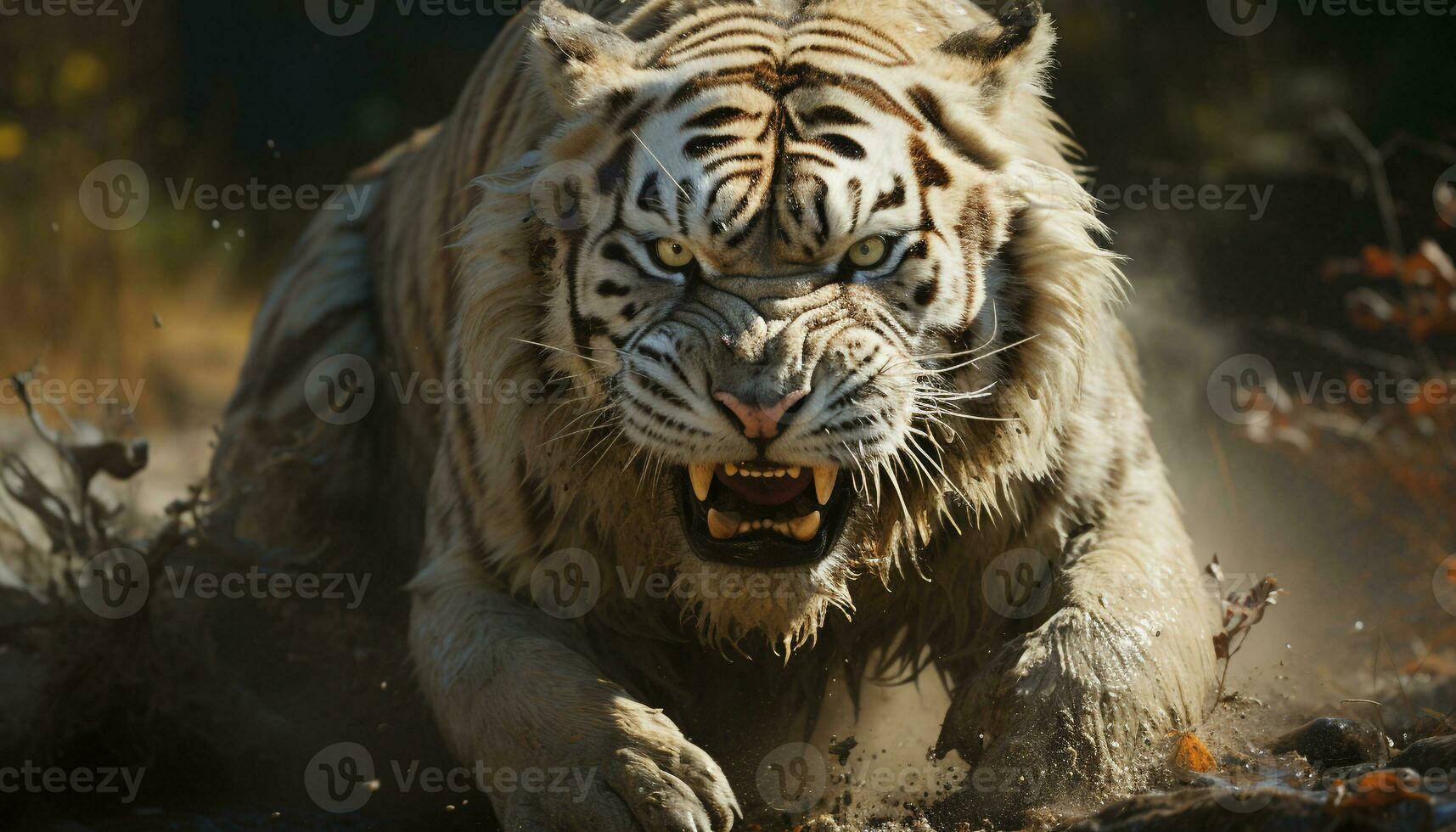 maestoso Bengala tigre a piedi nel il selvaggio, fissando con feroce aggressione generato di ai foto