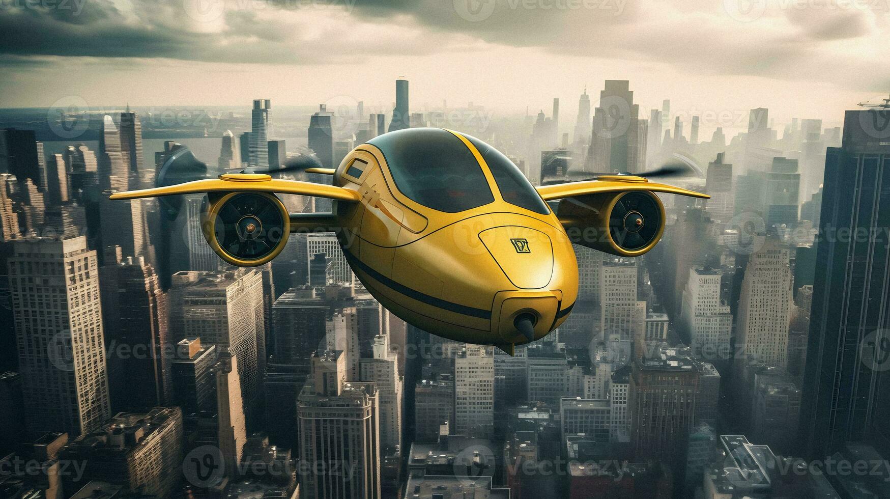 futuristico giallo volante taxi Soaring al di sopra di Manhattan generativo ai foto