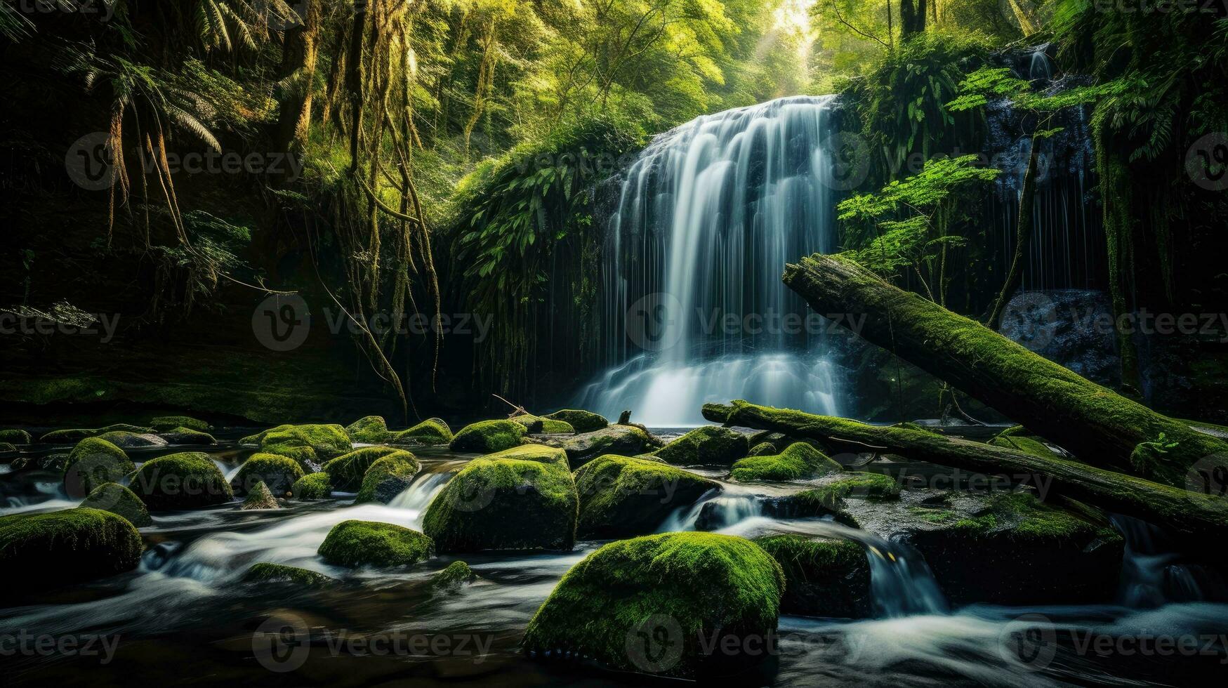 bellissimo cascata nel verde foresta nel giungla. generativo ai foto