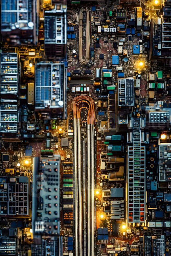 artificiale intelligenza paesaggio urbano urbano miniatura su circuito tavola foto