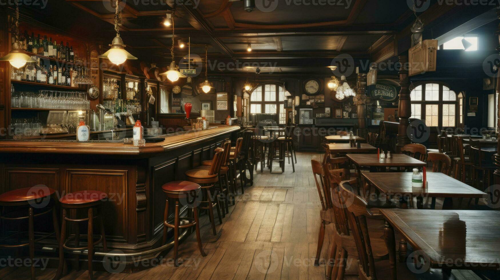 il classico di legno fascino dentro un' tradizionale taverna. esplorando il tradizionale di legno interni di un irlandesi taverna. generativo ai foto