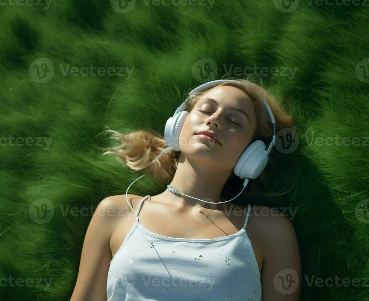 stile di vita donna erba meditazione ascolta all'aperto verde estate auricolari rilassamento giovane ritratto adolescenziale casuale musica foto
