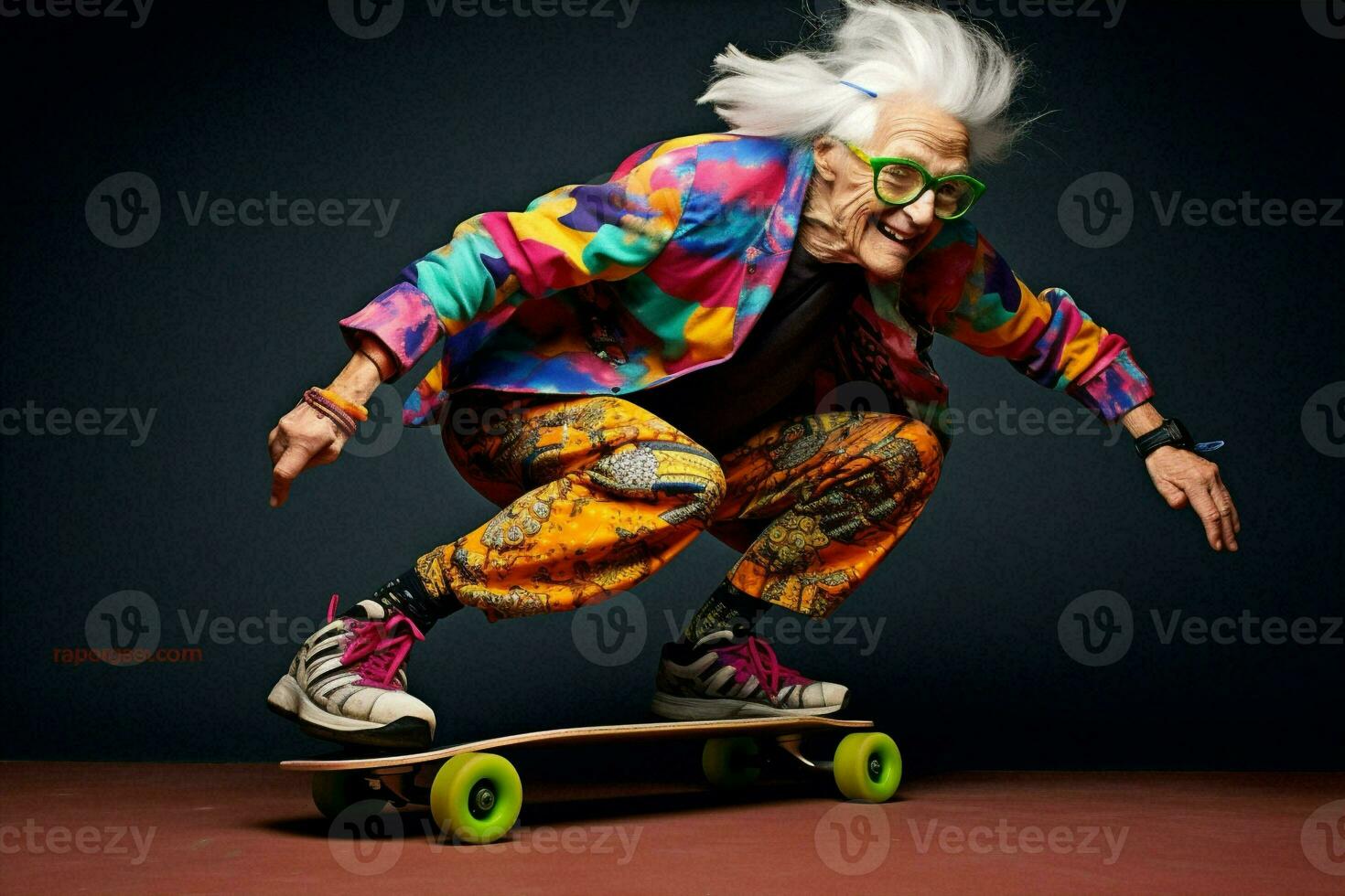 anziano donna roccia pazzo positivo moderno vecchio skateboard anziano stile di vita moda capelli nonna foto