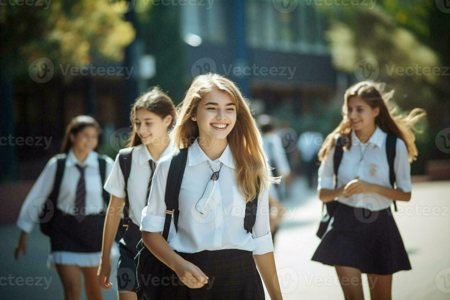 guardare giovane ridendo studenti amici all'aperto Università scuola zaino gruppo contento sorridente amicizia formazione scolastica foto