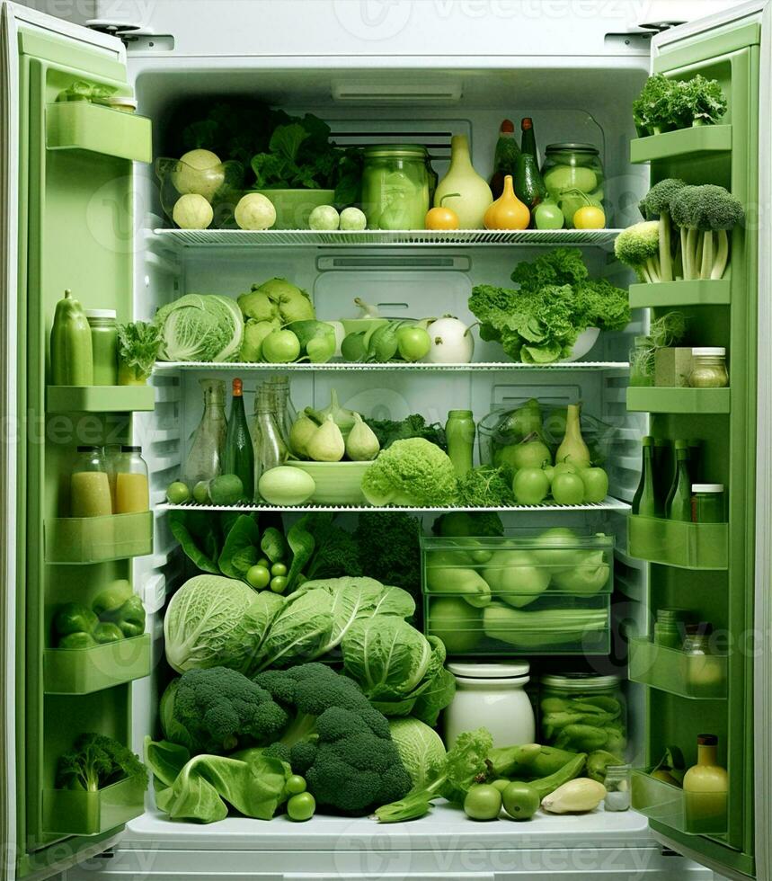 fresco bevanda vegetariano frigorifero broccoli Mela cucina lattuga salutare frigo dieta verde cibo foto