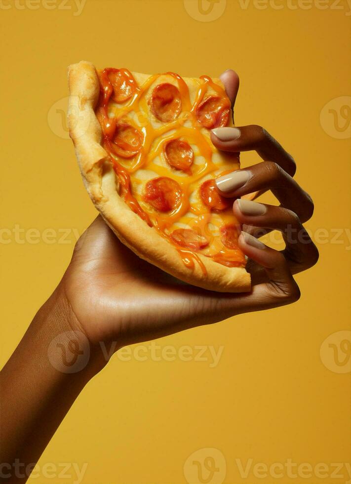 giallo cibo Affamato formaggio Pizza italiano delizioso mano casa pasto fetta foto