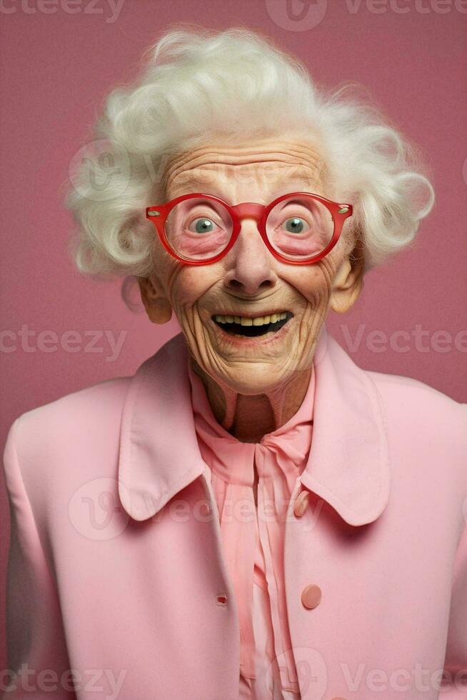 donna Halloween bicchieri Aperto felicità pensionato spaventoso ritratto shock stile di vita vecchio adulto umorismo sfondo sorpresa foto