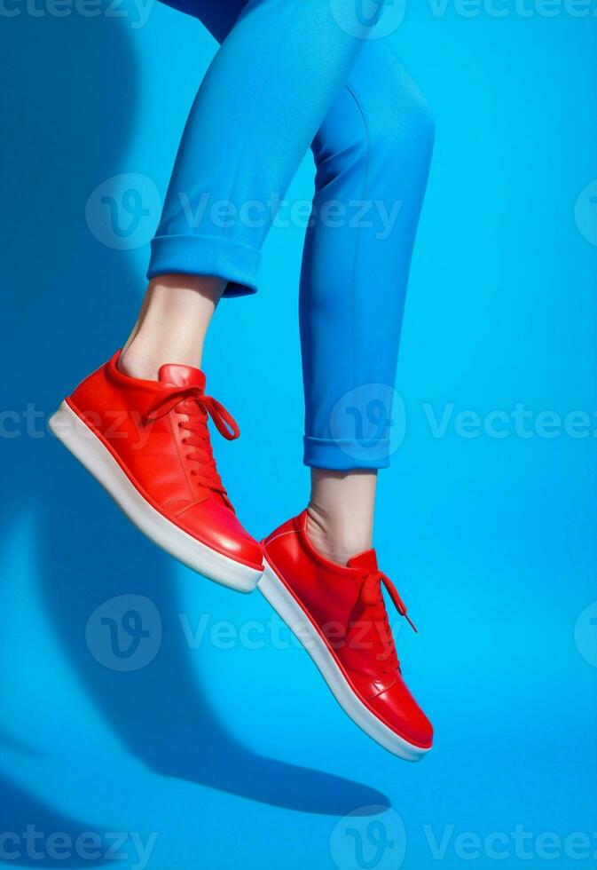 donna alla moda rosso pelle scarpa tendenza concetto blu stile moderno colore foto