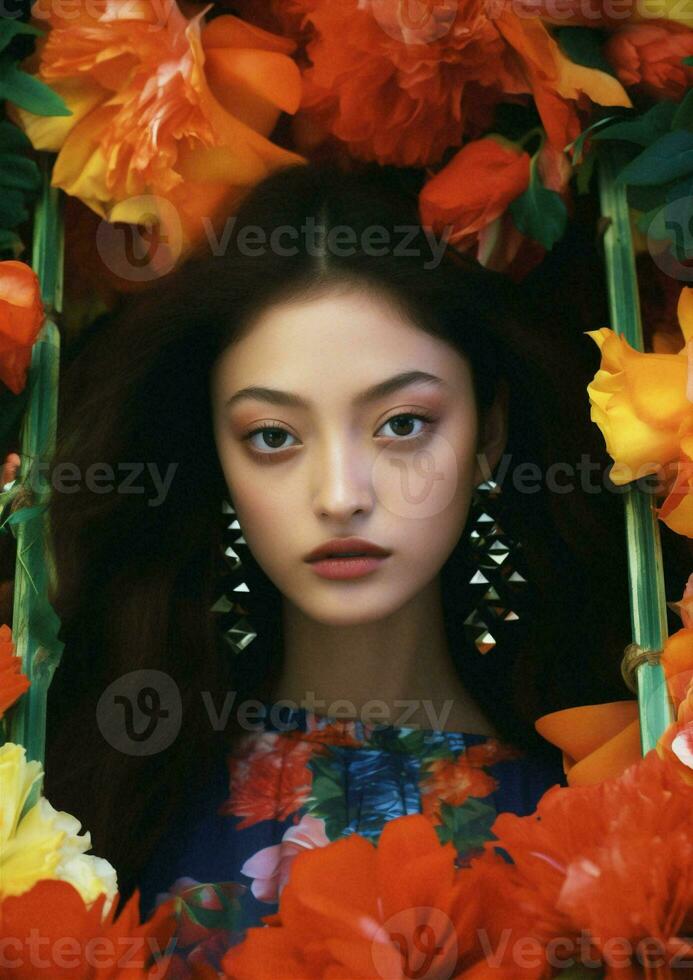 donna Vintage ▾ fiore tropicale ritratto caldo colorato moda femmina bellezza le foglie asiatico uccello fiorire foto