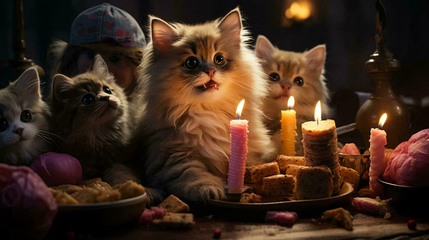 animali domestici compleanno. gatti e cani sedersi vicino un' compleanno torta con candele a un' compleanno festa foto