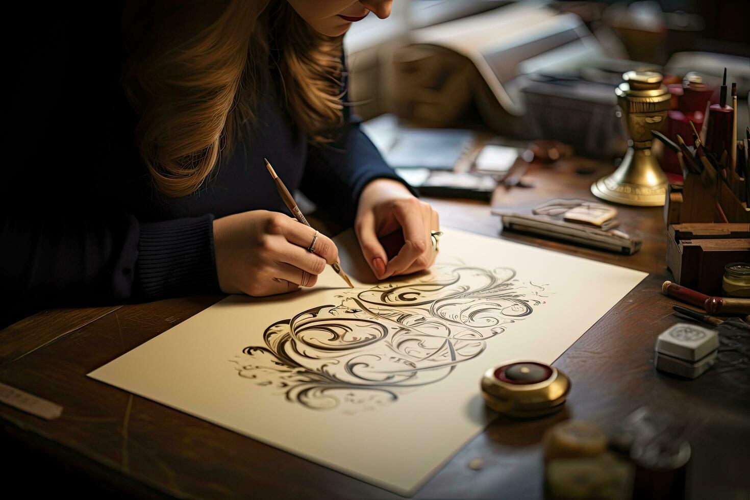 artista disegno su carta con d'oro modello, avvicinamento Visualizza, abbraccio il arte di elegante lettering nel il incantevole mondo di calligrafia stile, ai generato foto