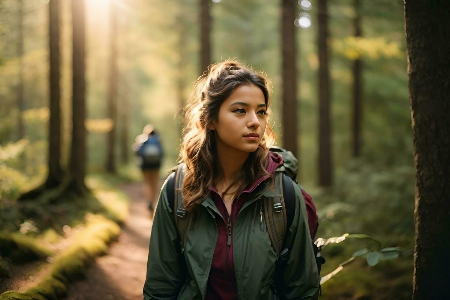 un' ragazza con un' zaino e escursioni a piedi stivali, a piedi su un' pista nel un' foresta generativo ai foto