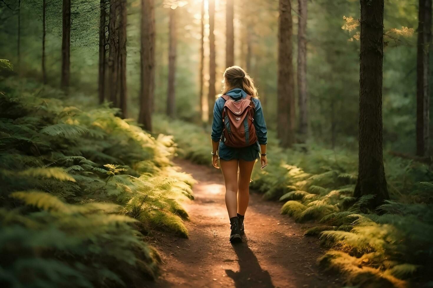 un' ragazza con un' zaino e escursioni a piedi stivali, a piedi su un' pista nel un' foresta generativo ai foto