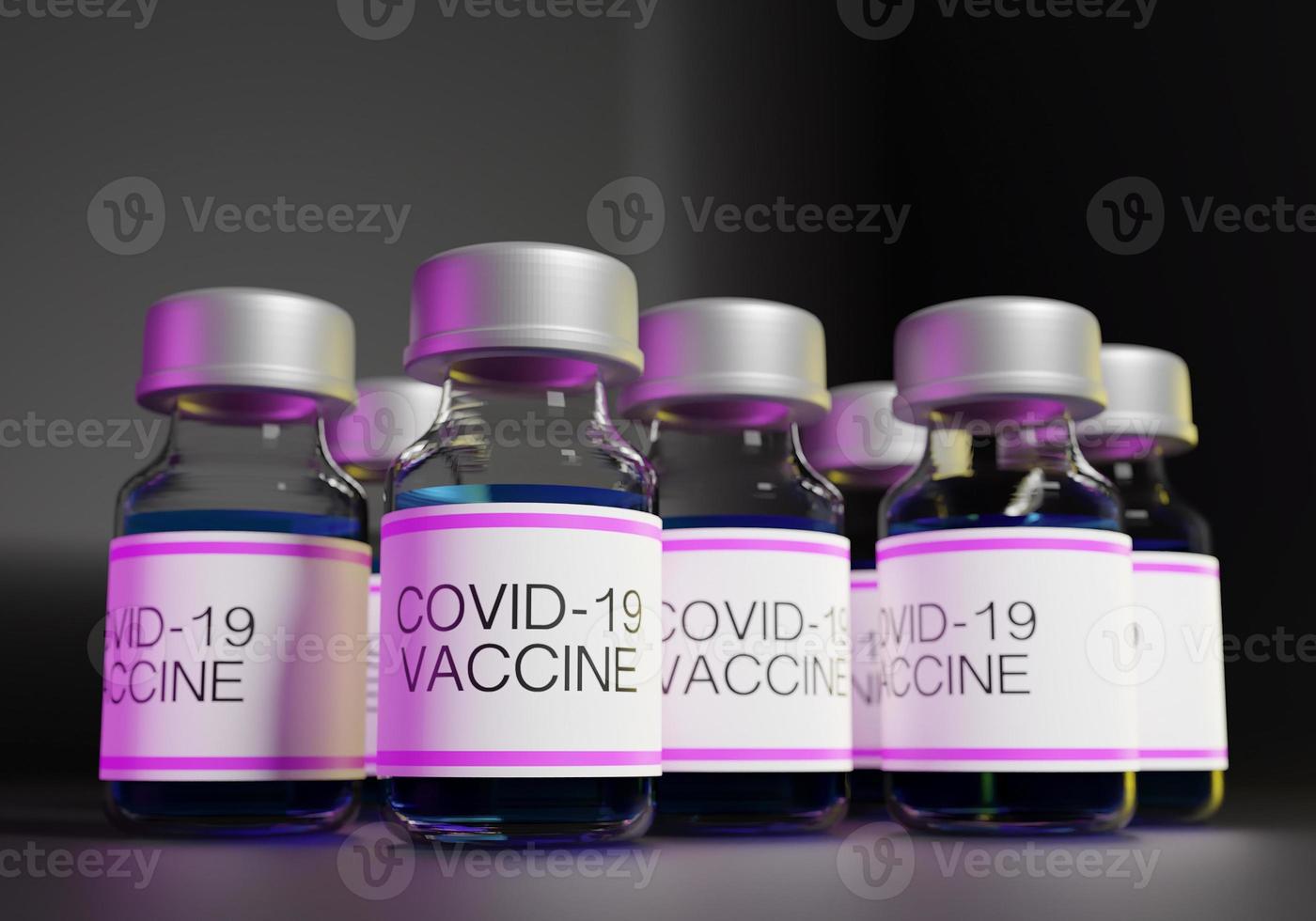 Rendering 3D di bottiglie di vaccini covid-19 in linea foto