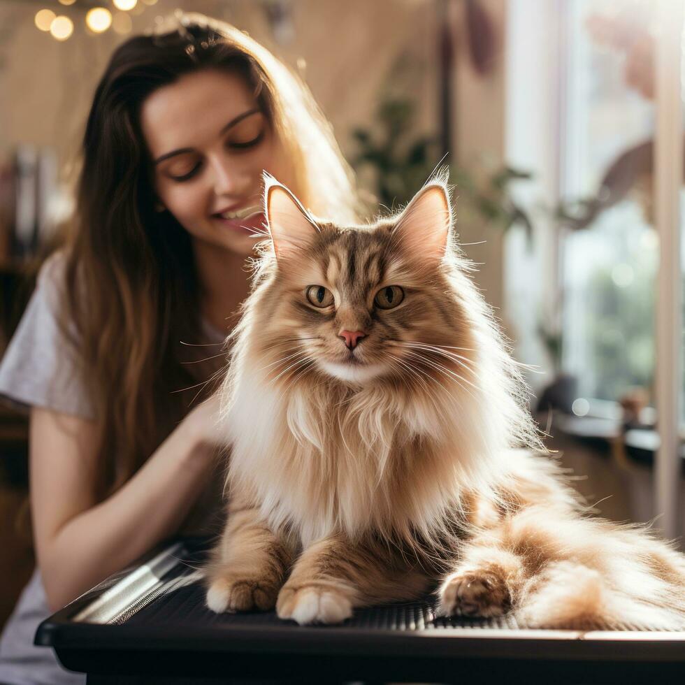 affettuoso dai capelli lunghi gatto godendo un' governare sessione foto