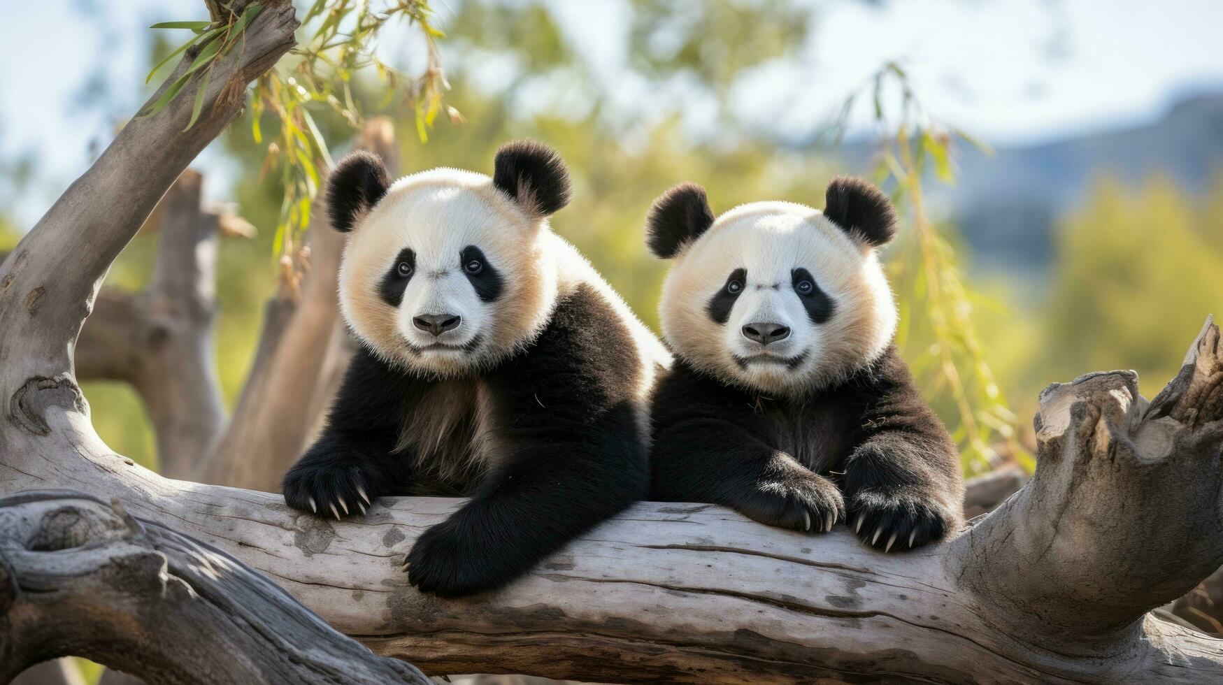 Due panda seduta insieme guardare soddisfare e rilassato foto