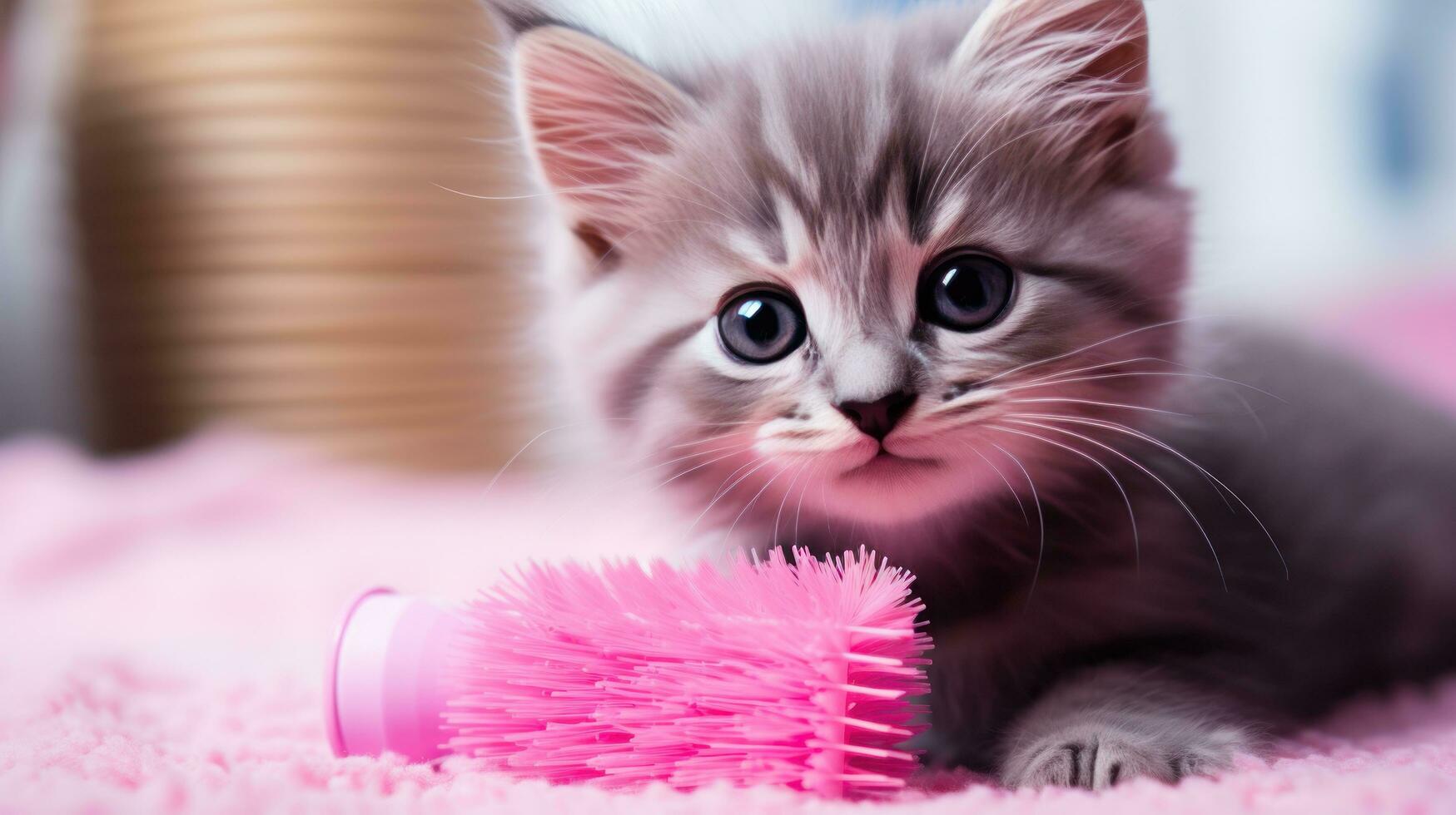 giocoso grigio gattino essere pettinato con un' minuscolo rosa spazzola foto