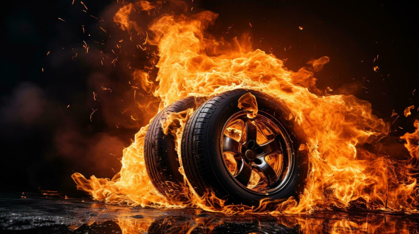 auto pneumatico nel fuoco su nero sfondo con grande copia spazio foto