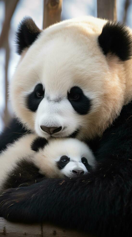 un' madre panda e sua cucciolo rannicchiato su insieme per un' pisolino foto