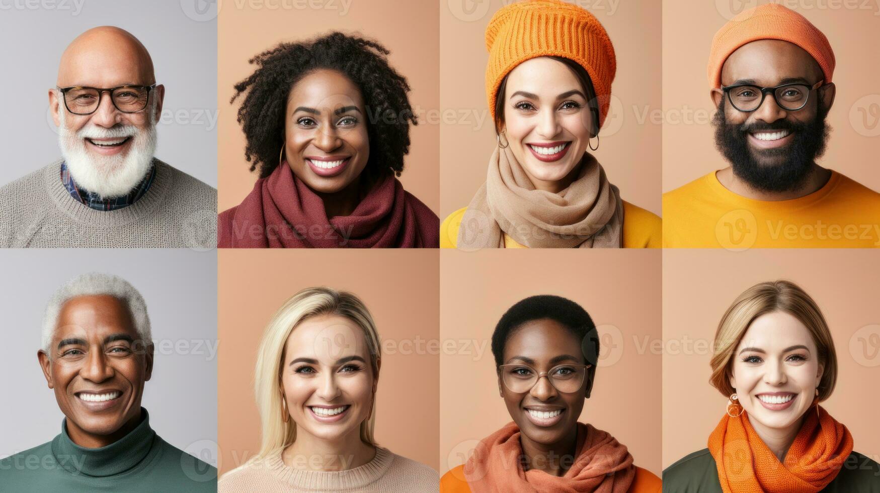 ritratti collage di contento multietnico uomini e donne indossare inverno Abiti. foto