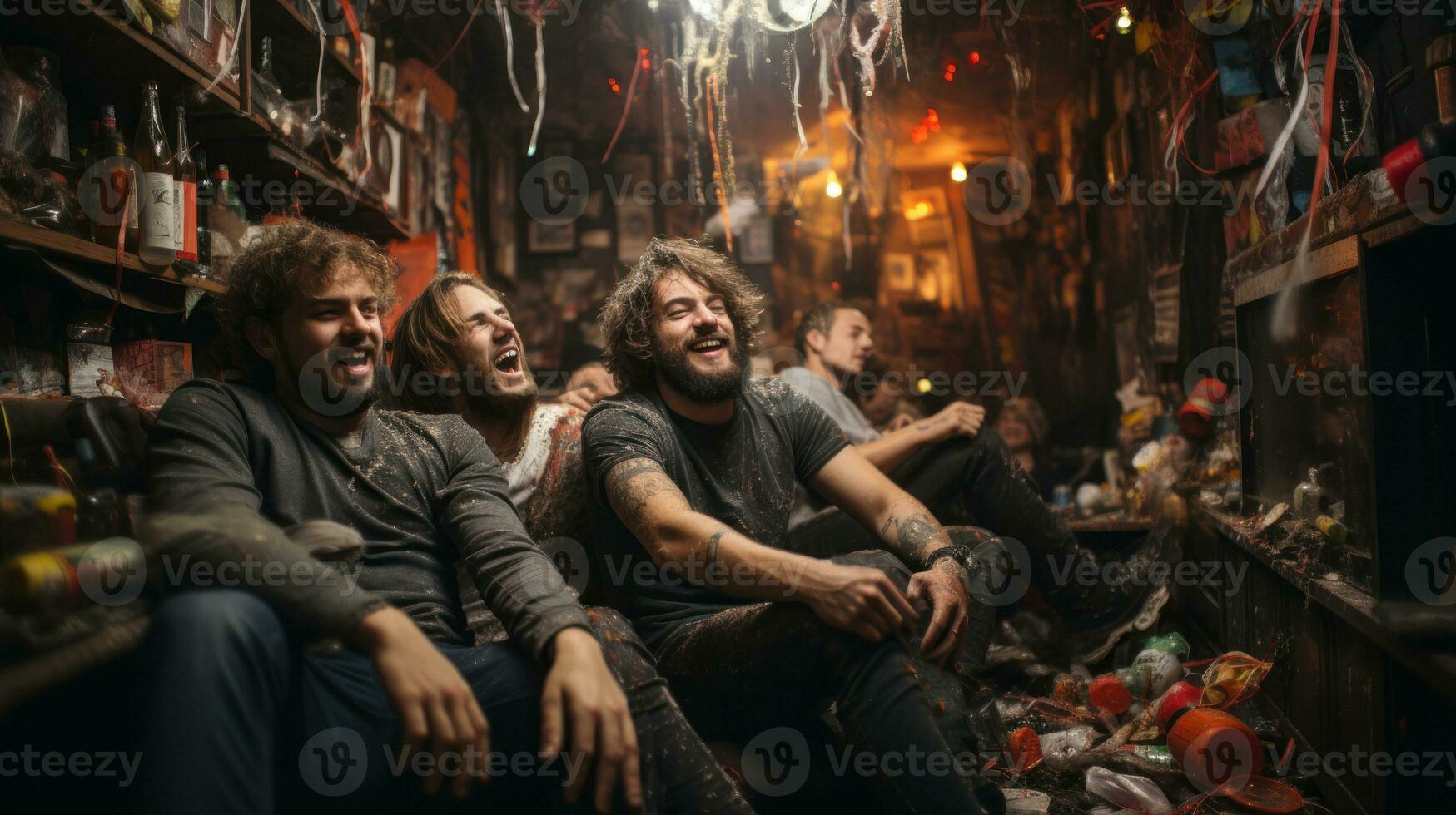 gruppo di ubriaco e overdose uomini avendo divertimento disordinato camera a notte. erba legalizzazione. ganja, cannabis, amici utilizzando leggero droghe. foto