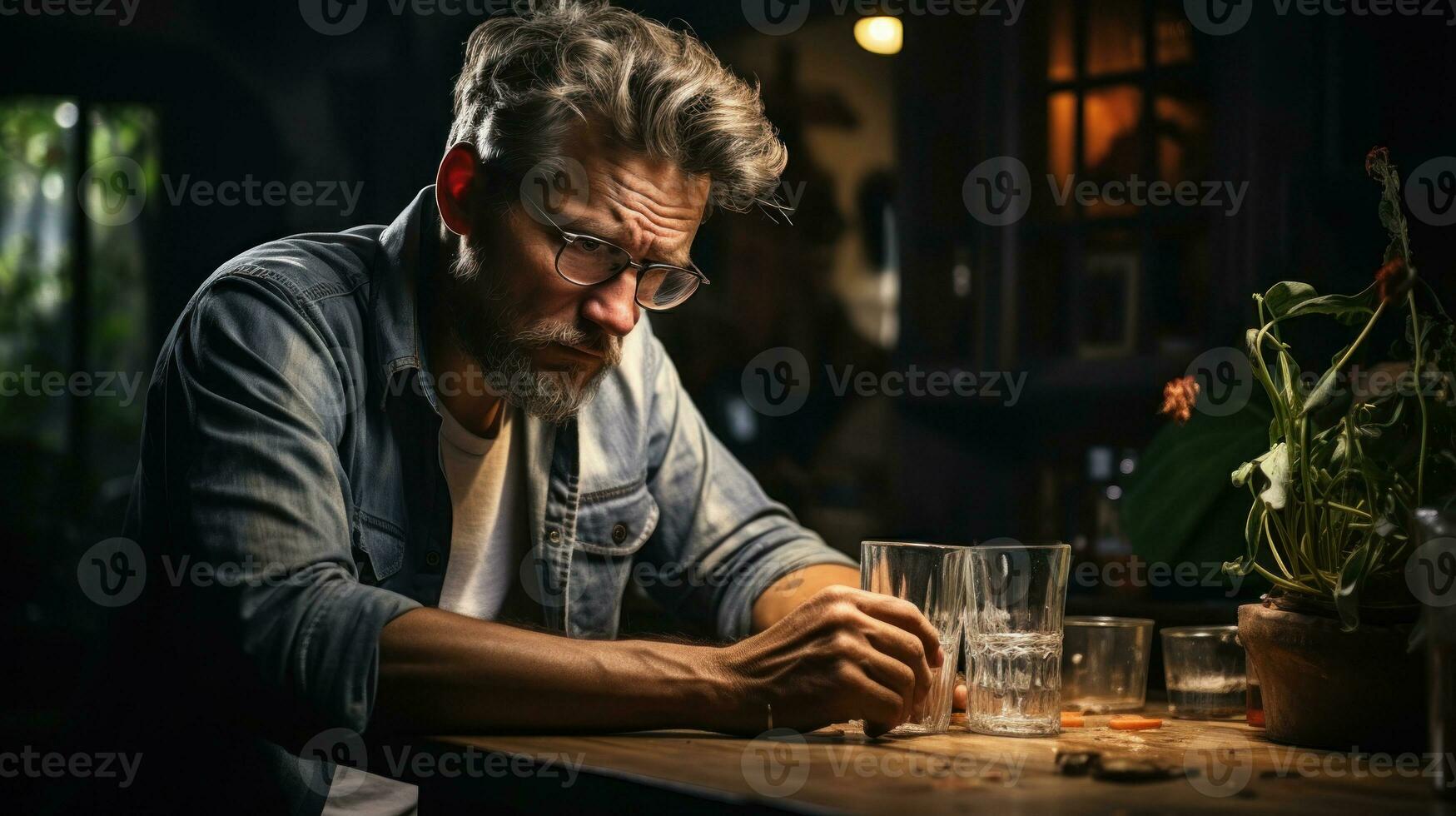 barbuto triste mezzo età uomo nel bicchieri con vuoto bicchiere di whisky a casa. alcool e i problemi concetto. foto