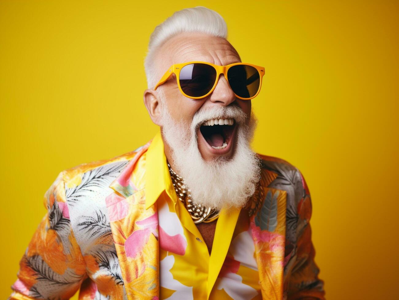 contento sorridente uomo con barba e grigio capelli indossare occhiali da sole su giallo sfondo foto