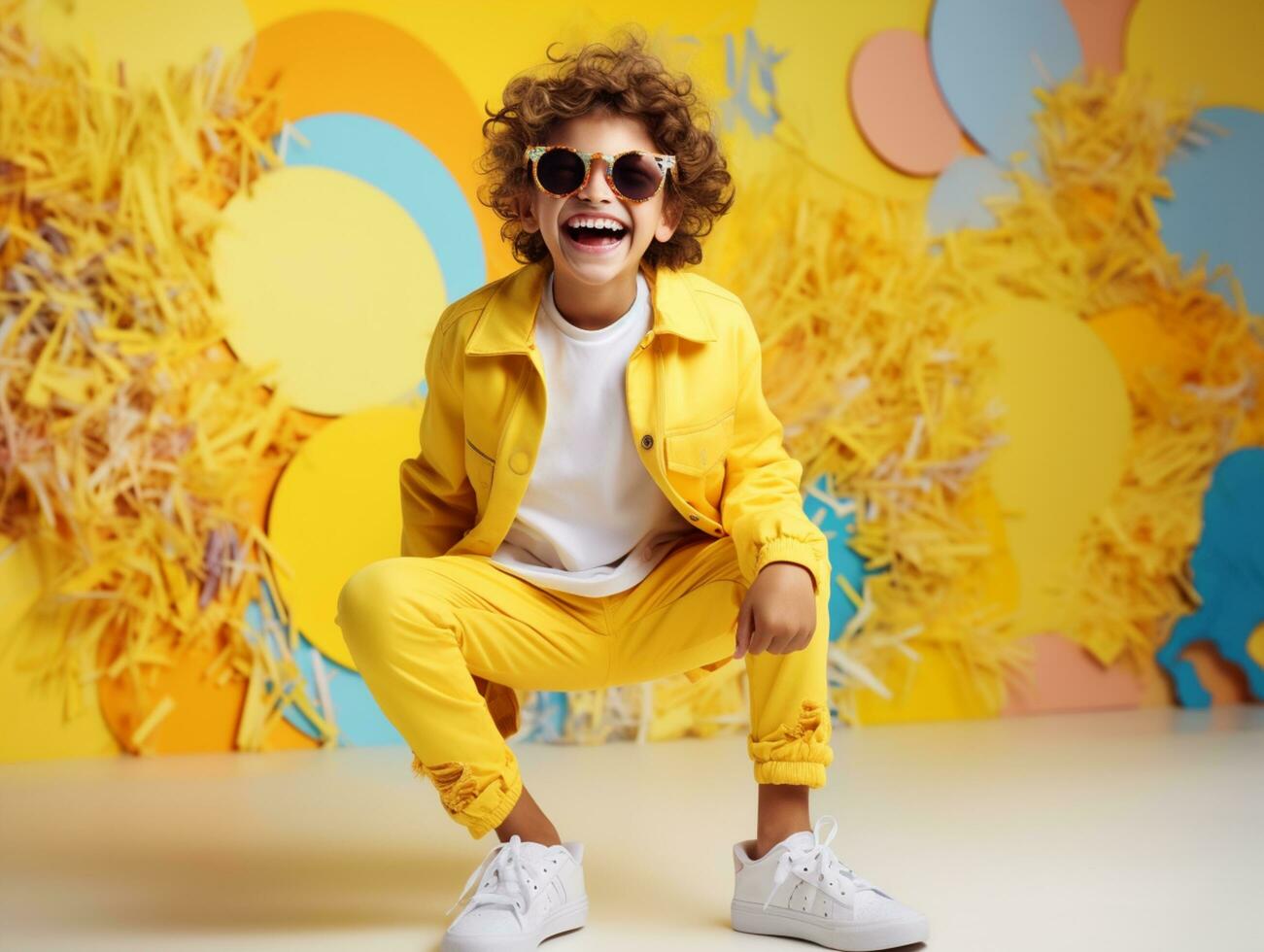 contento sorridente ragazzo nel giallo occhiali da sole con divertimento alla moda bicchieri foto
