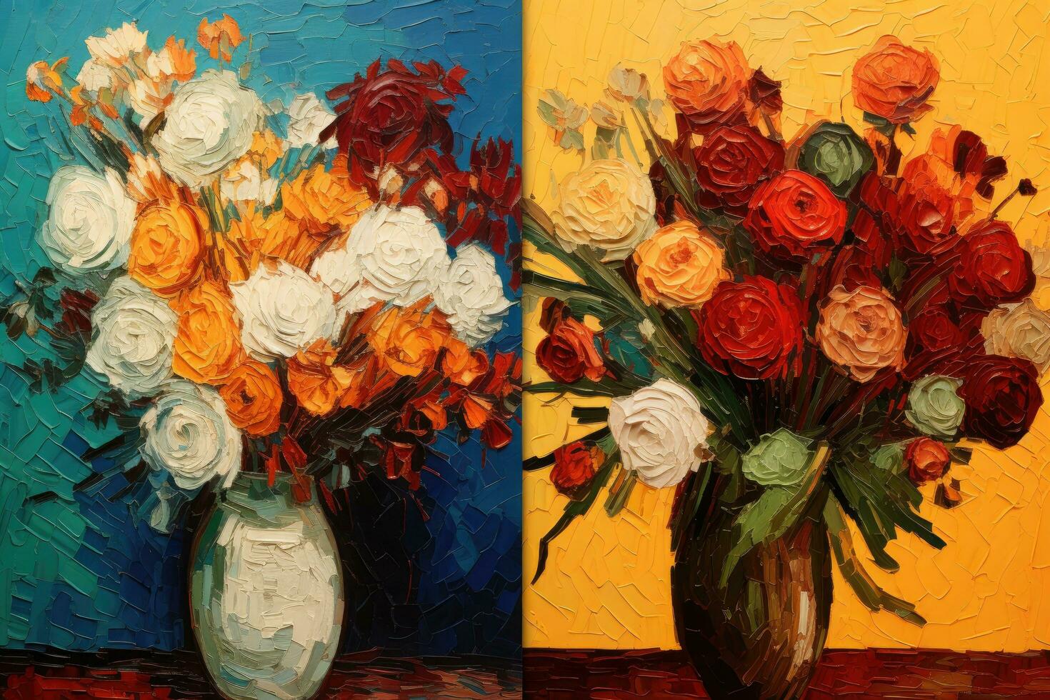 originale olio pittura di mazzo di fiori nel vaso su colorato sfondo, fiore opera d'arte nel furgone gogh stile, ai generato foto