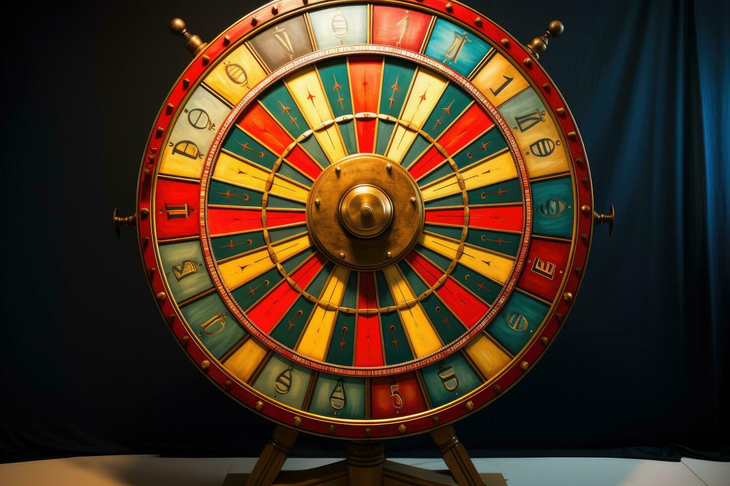 roulette ruota con rosso, verde, giallo e blu settori, fortuna ruota per i saldi promo evento, ai generato foto