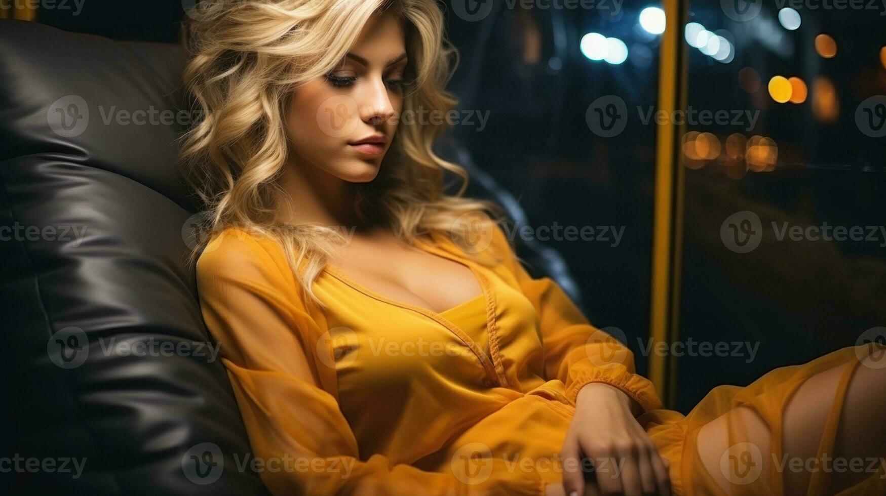 bellissimo sexy bionda ragazza nel un' giallo vestito si siede su un' nero pelle divano nel il sera. foto