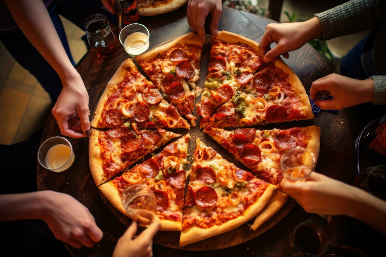 gruppo di amici mangiare Pizza nel bar, avvicinamento Visualizza, amici mangiare Pizza insieme a casa, superiore sezione ritagliato, ai generato foto