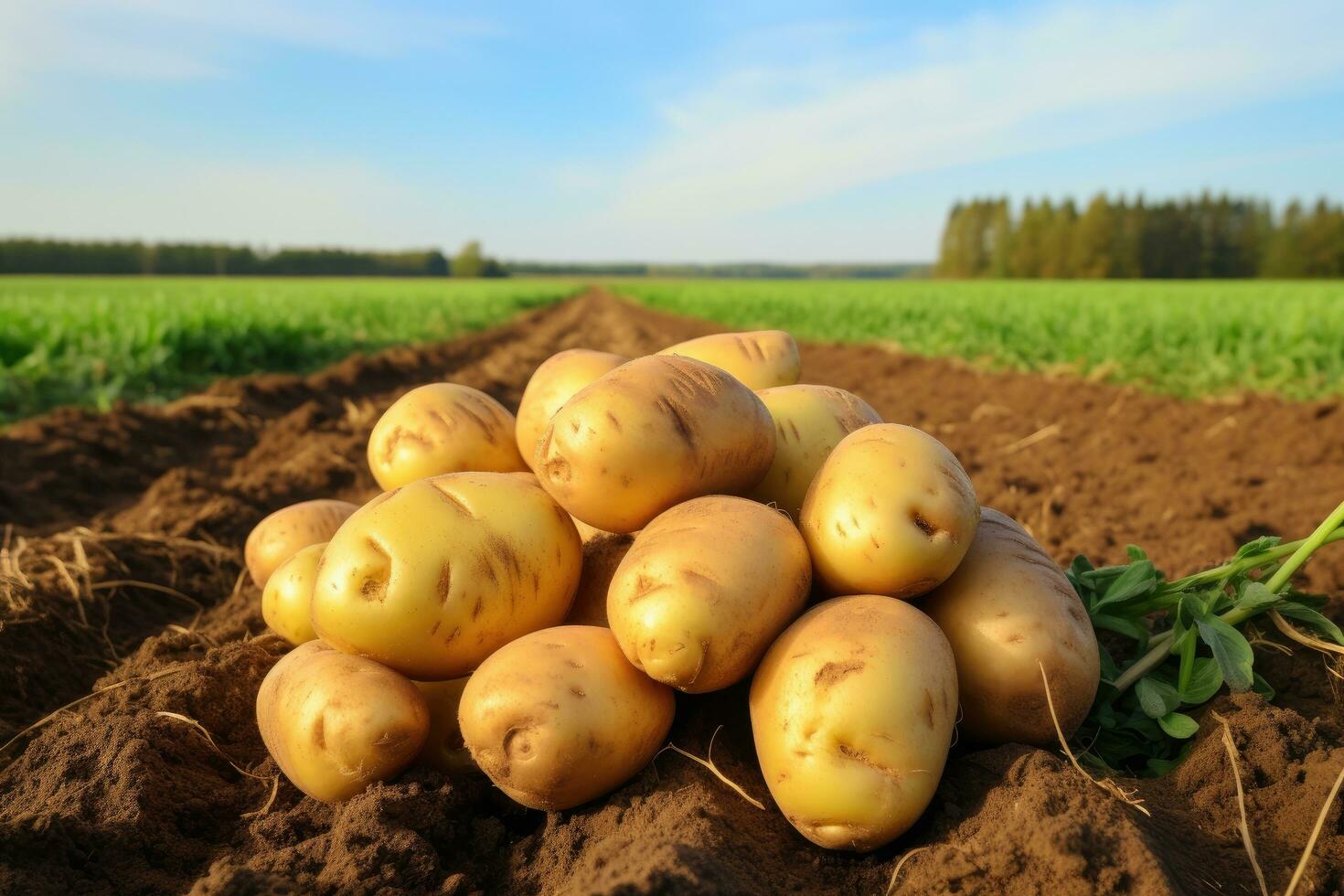 appena scavata patate su il campo nel il campagna. selettivo messa a fuoco, appena raccolto patate su contadino campo, salutare biologico produrre, ai generato foto