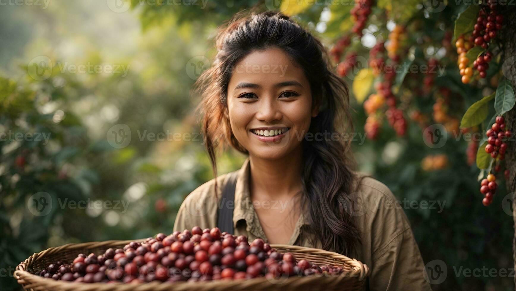 contento donna akha collina dopo raccogliere arabica caffè frutti di bosco nel cestino legna a giardino.. ai generato foto