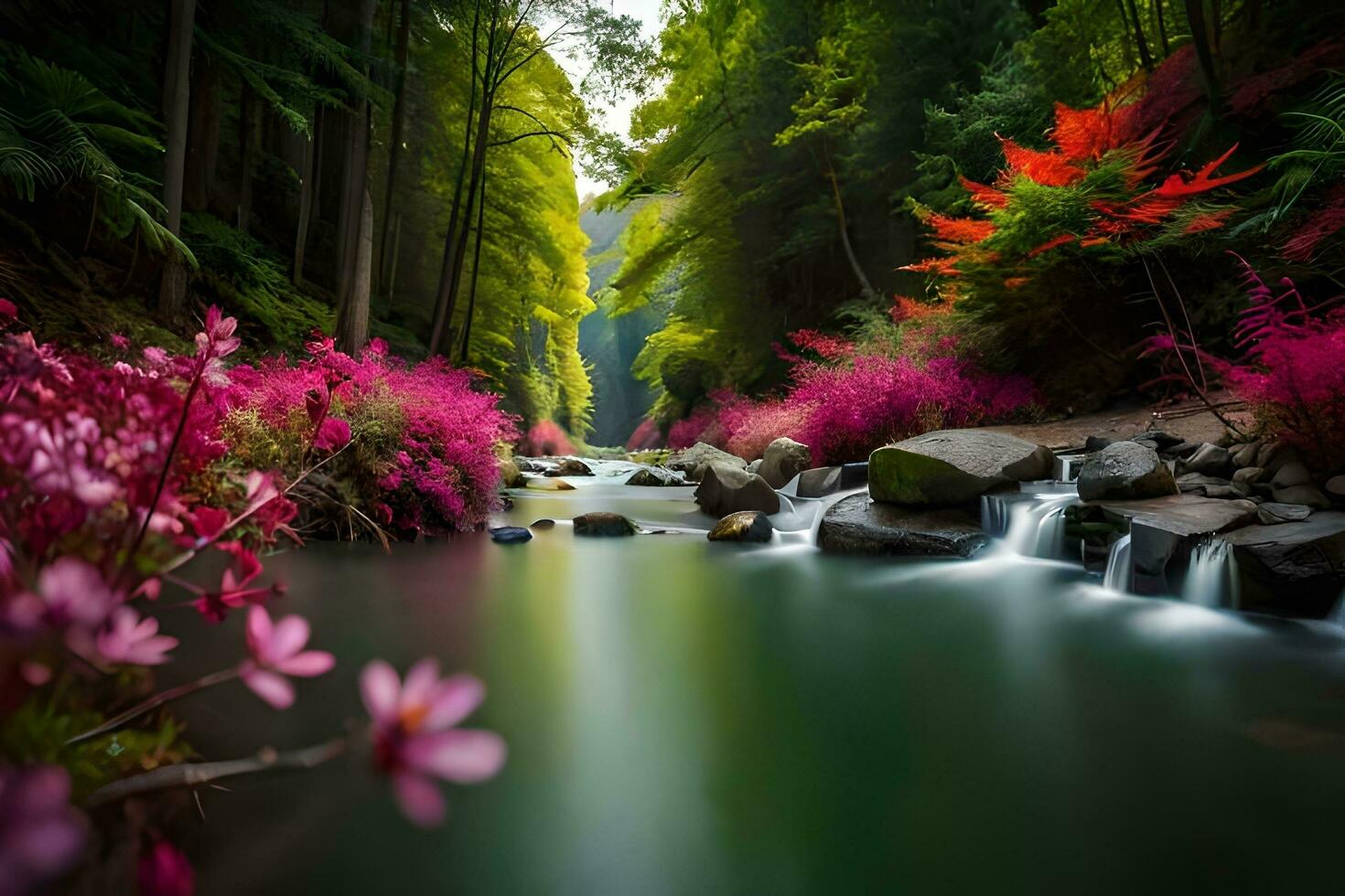 un' fiume fluente attraverso un' foresta con rosa fiori. ai-generato foto