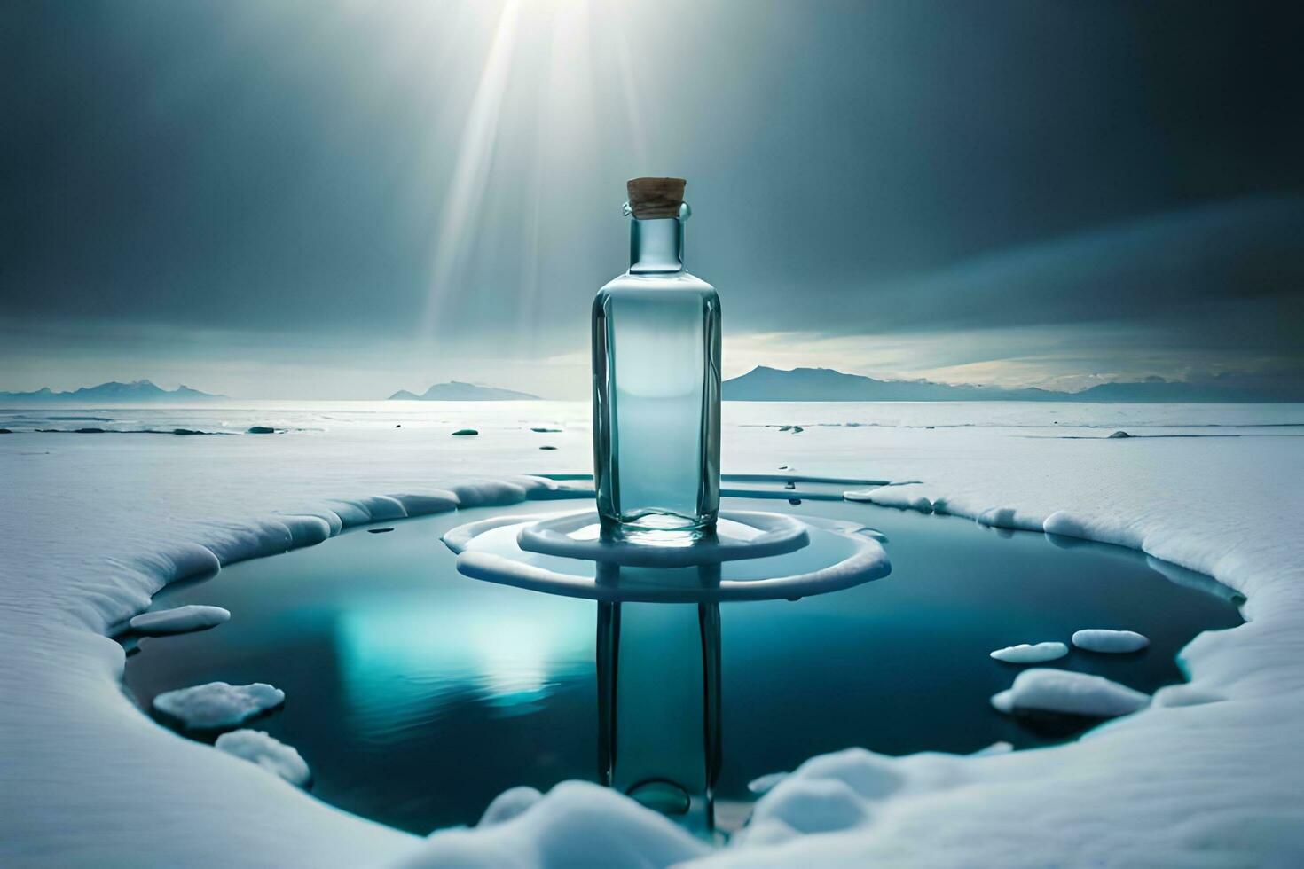 un' bottiglia di acqua si siede su superiore di un' congelato lago. ai-generato foto