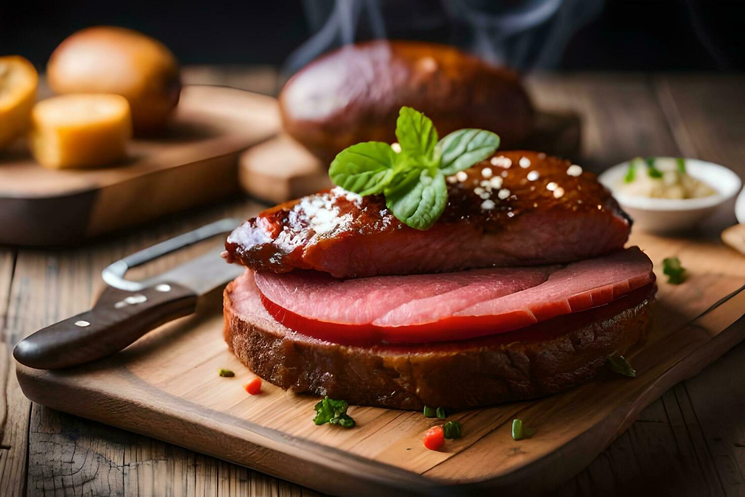 un' pezzo di carne su un' di legno taglio tavola. ai-generato foto