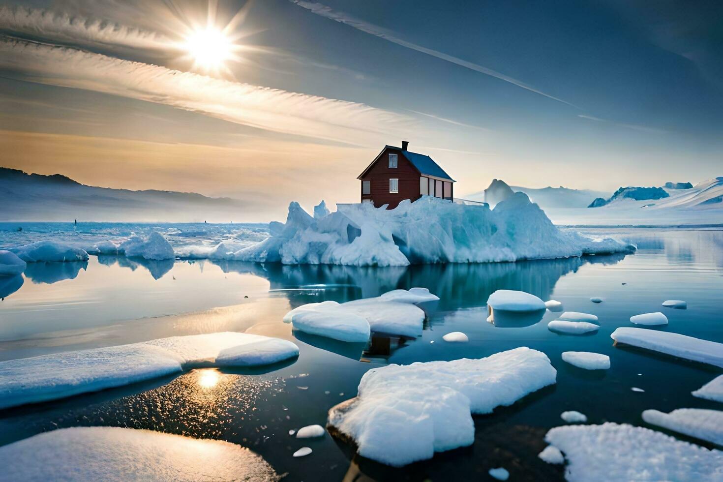 un' rosso Casa si siede su un iceberg nel il mezzo di il oceano. ai-generato foto