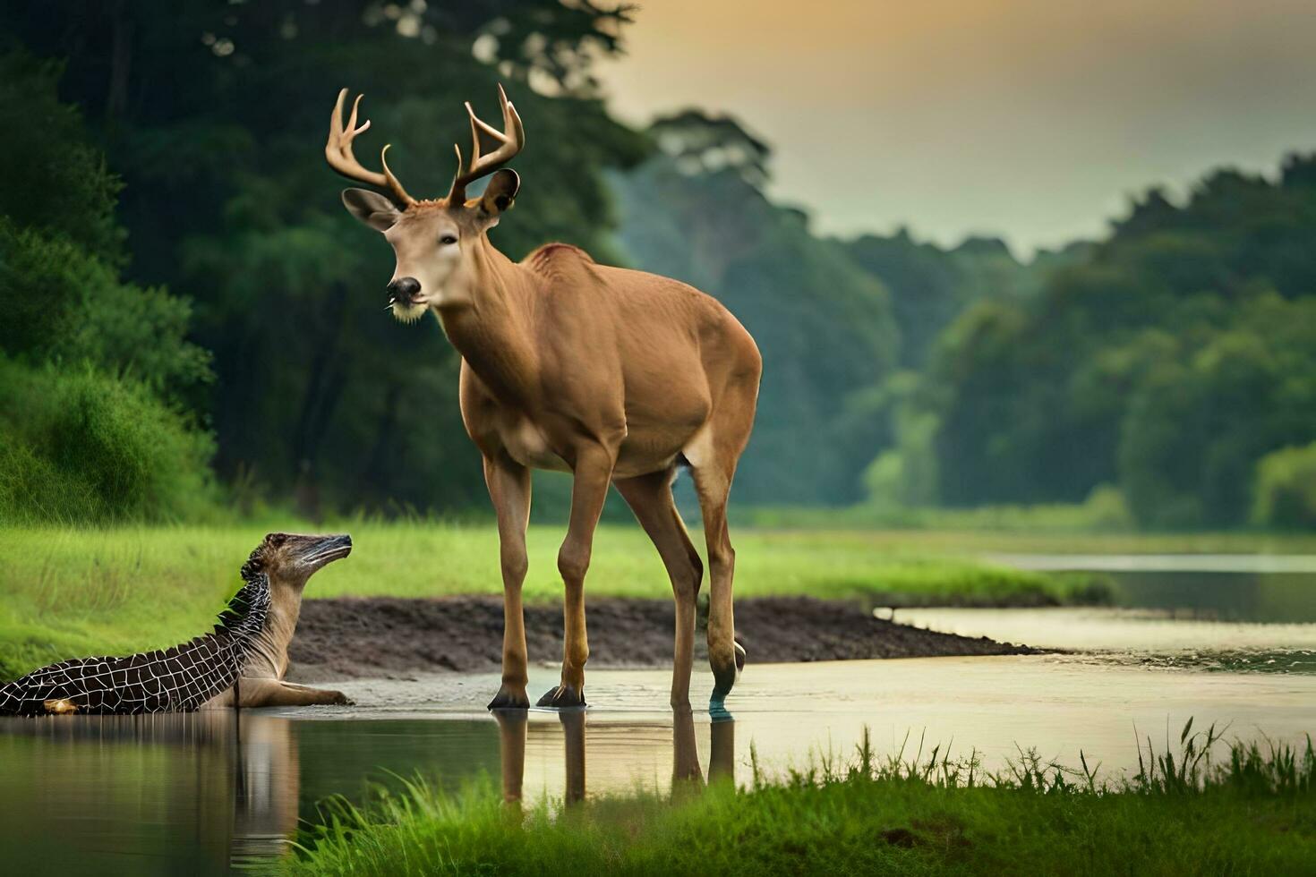 un' cervo e un alligatore in piedi nel il acqua. ai-generato foto