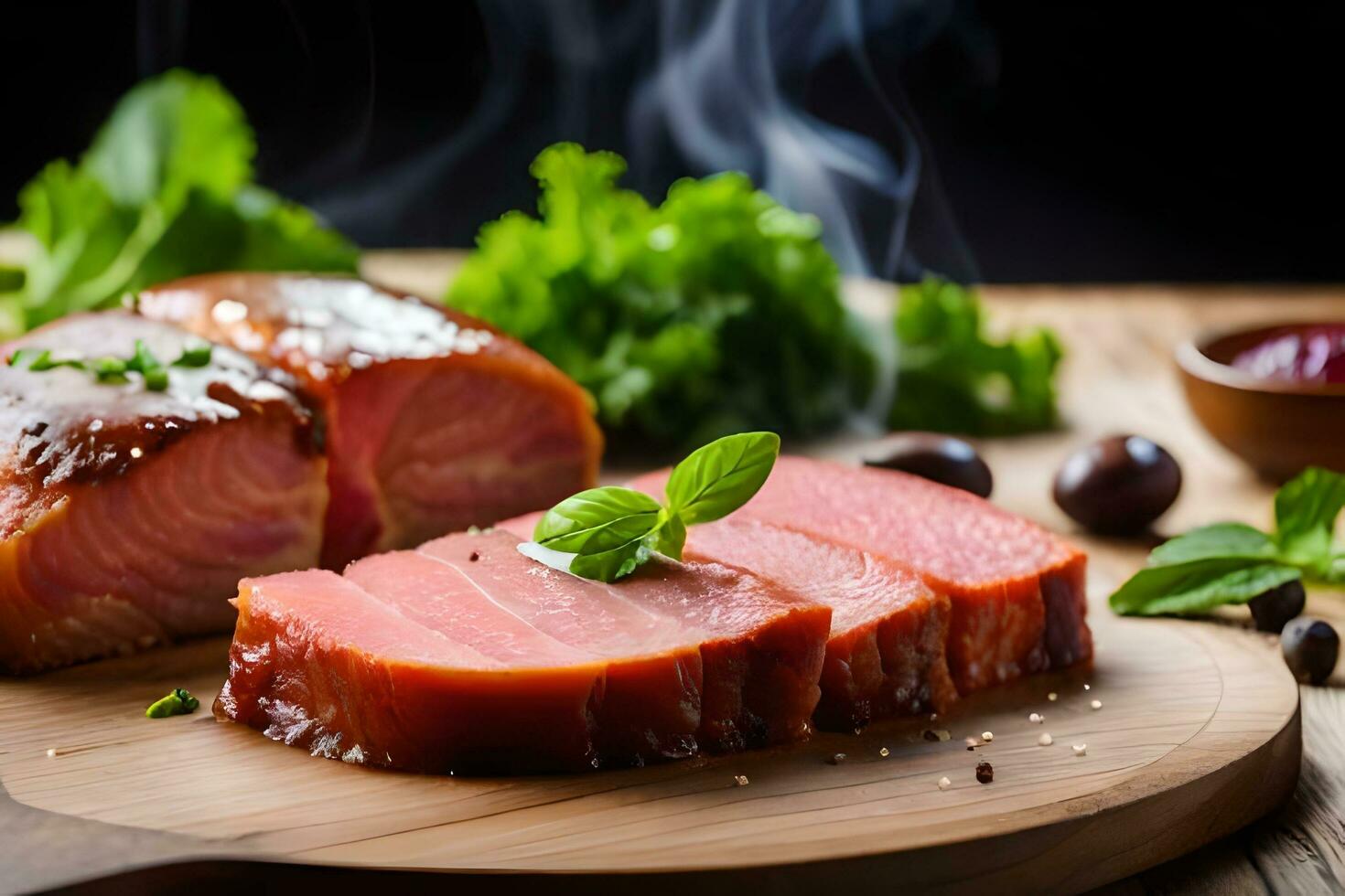 affettato carne su un' di legno taglio tavola con Fumo. ai-generato foto