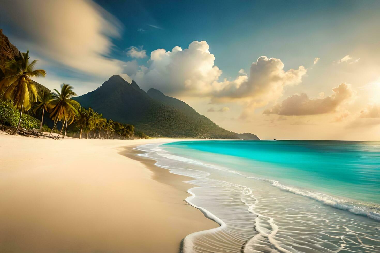 un' bellissimo spiaggia con palma alberi e montagne. ai-generato foto