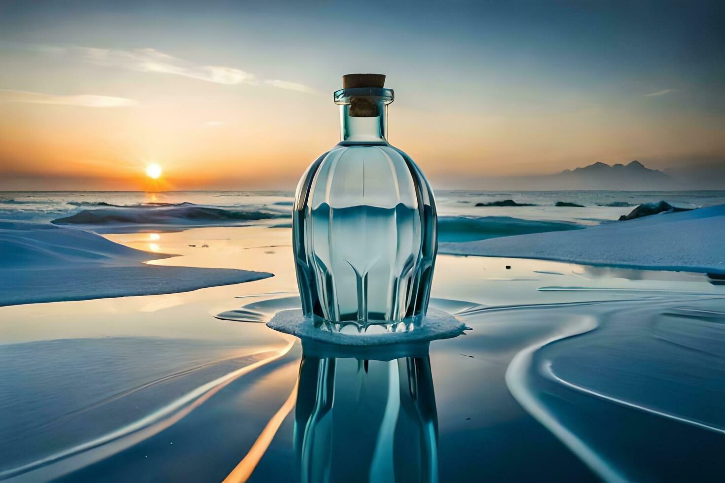 un' bottiglia di acqua si siede su il spiaggia a tramonto. ai-generato foto