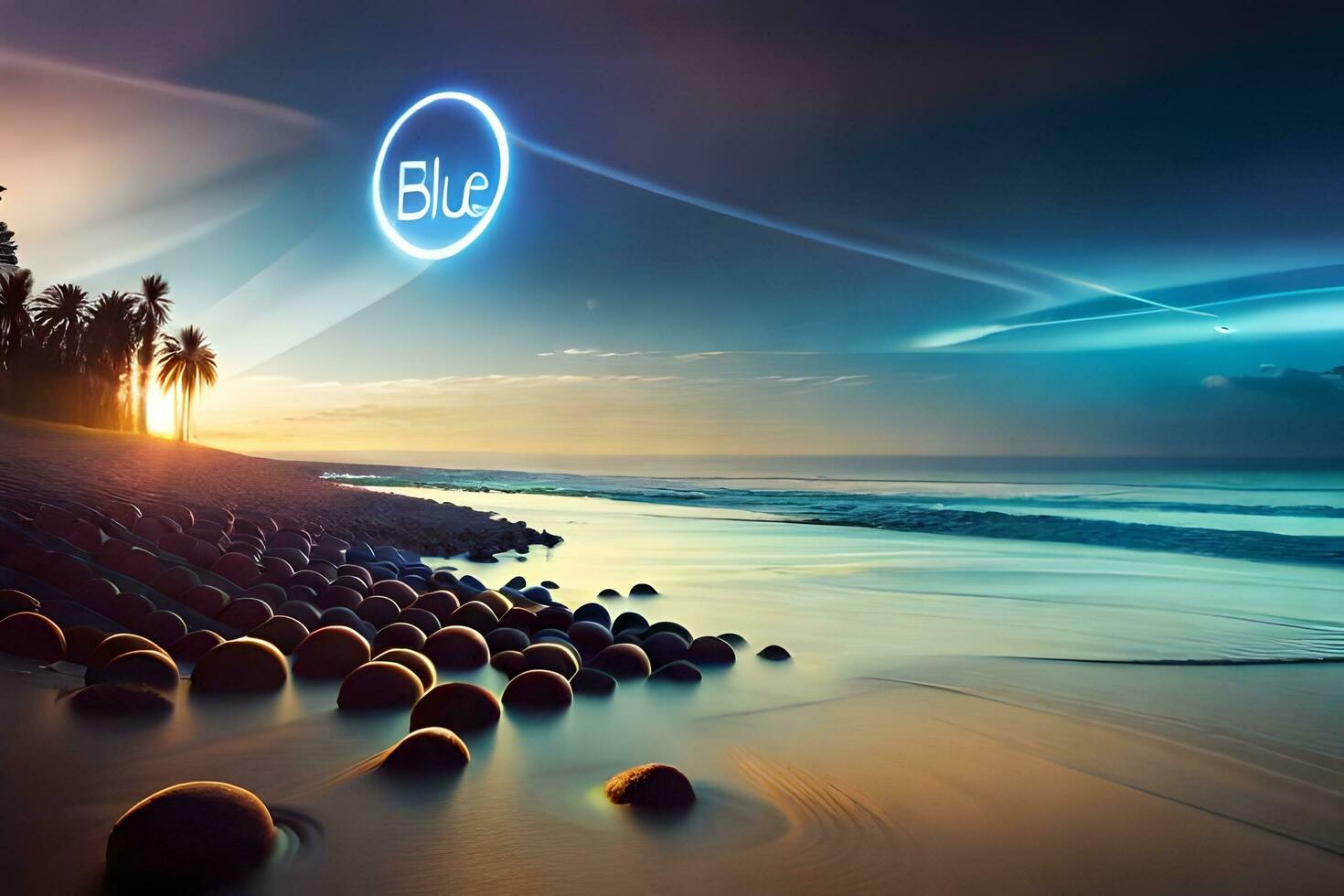 blu leggero è splendente su il spiaggia a tramonto. ai-generato foto