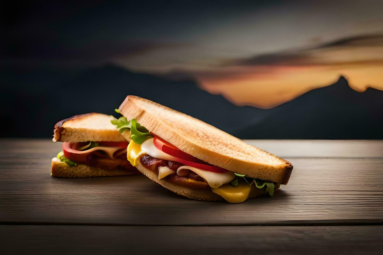 Due panini su un' di legno tavolo con un' tramonto nel il sfondo. ai-generato foto